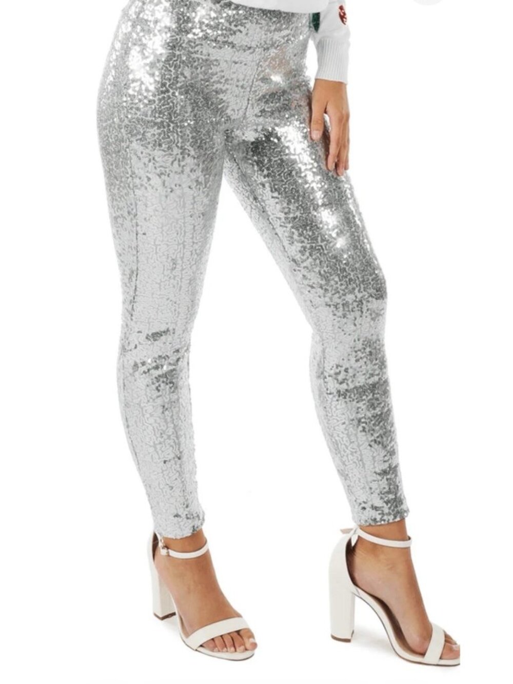 TIPSY ELVES SILVER SEQUIN HIGH WAIST LEGGINGS Women's Large Halloween Christmas